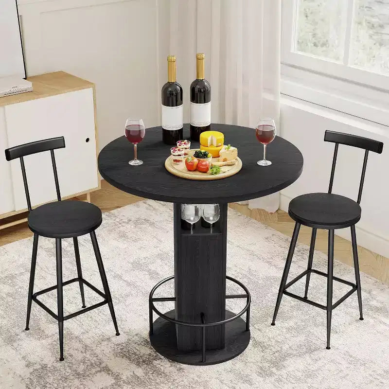 Zevemomo 3-Piece 31.5 Round Bar Table and Chairs Set for 2, Small Pub Dining Set with 2 Stools, Space Saving, Black