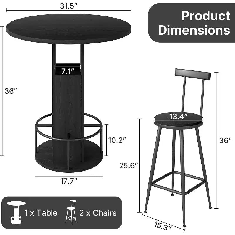 Zevemomo Ensemble table et 2 chaises de bar rondes de 80 cm, petit ensemble de salle à manger pour 2 avec 2 tabourets, gain de place, noir
