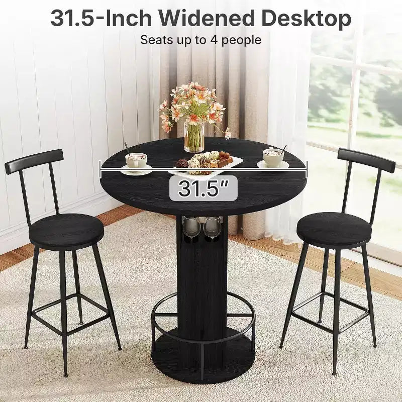 Zevemomo Ensemble table et 2 chaises de bar rondes de 80 cm, petit ensemble de salle à manger pour 2 avec 2 tabourets, gain de place, noir