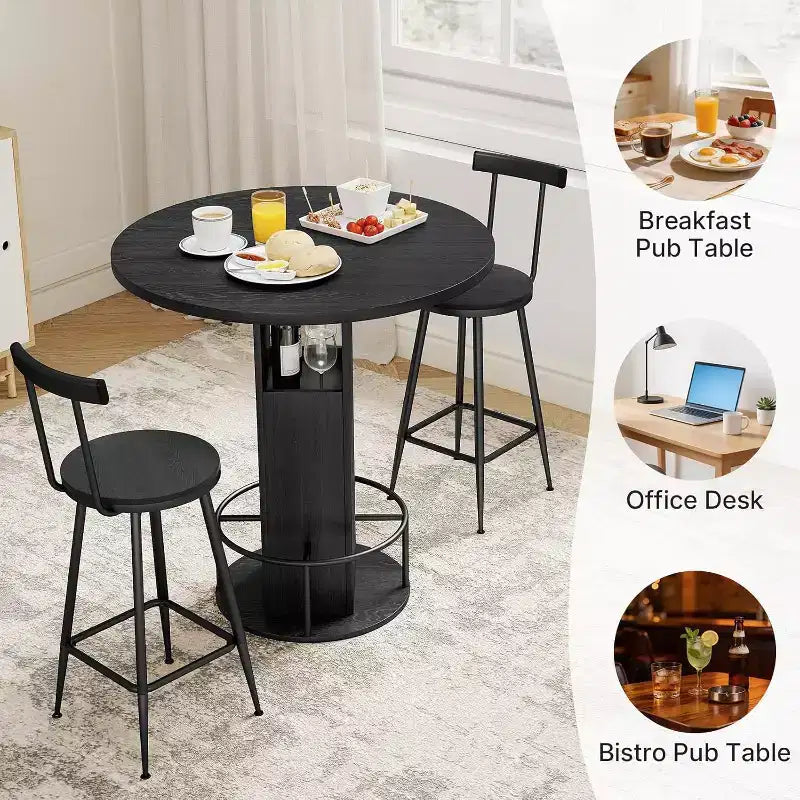 Zevemomo Ensemble table et 2 chaises de bar rondes de 80 cm, petit ensemble de salle à manger pour 2 avec 2 tabourets, gain de place, noir
