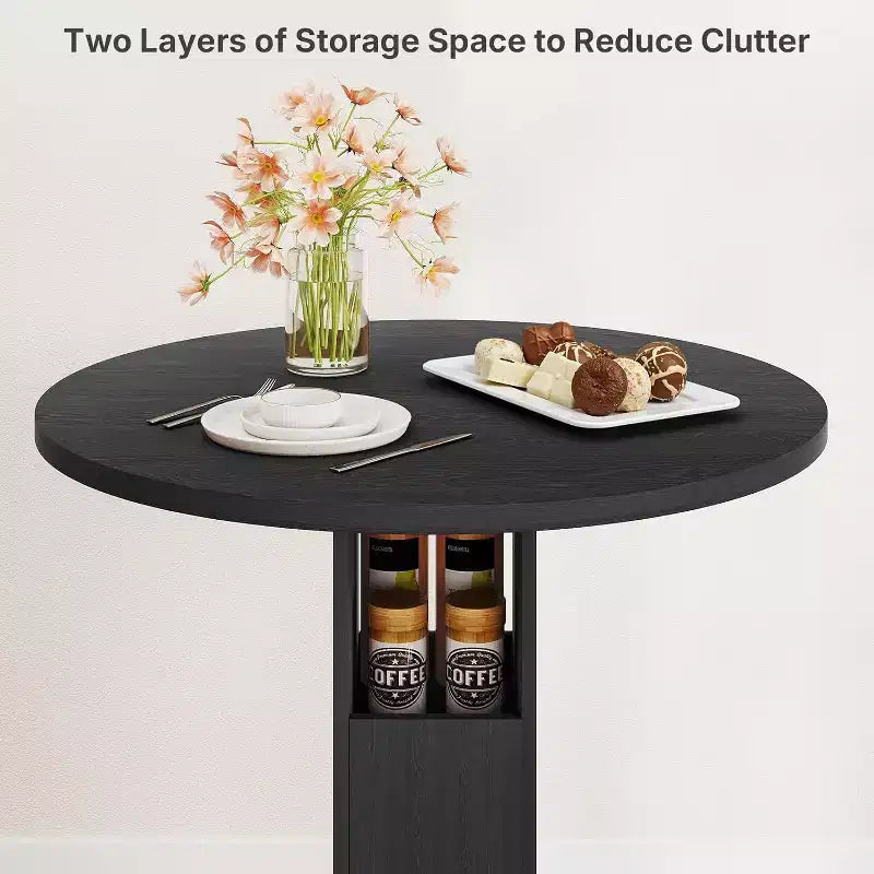 Zevemomo Ensemble table et 2 chaises de bar rondes de 80 cm, petit ensemble de salle à manger pour 2 avec 2 tabourets, gain de place, noir