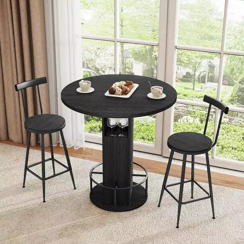 Zevemomo Ensemble table et 2 chaises de bar rondes de 80 cm, petit ensemble de salle à manger pour 2 avec 2 tabourets, gain de place, noir