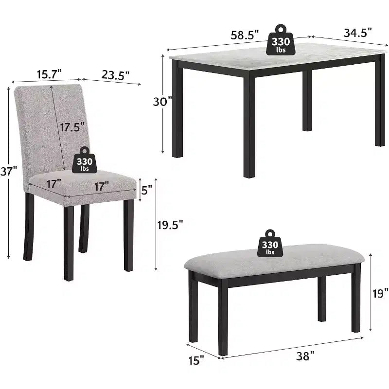 Ensemble de salle à manger Zevemomo 6 pièces en bois avec table, chaises rembourrées et banc pour salle à manger, cuisine, restaurant, noir