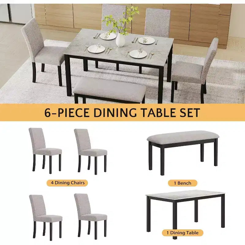 Ensemble de salle à manger Zevemomo 6 pièces en bois avec table, chaises rembourrées et banc pour salle à manger, cuisine, restaurant, noir