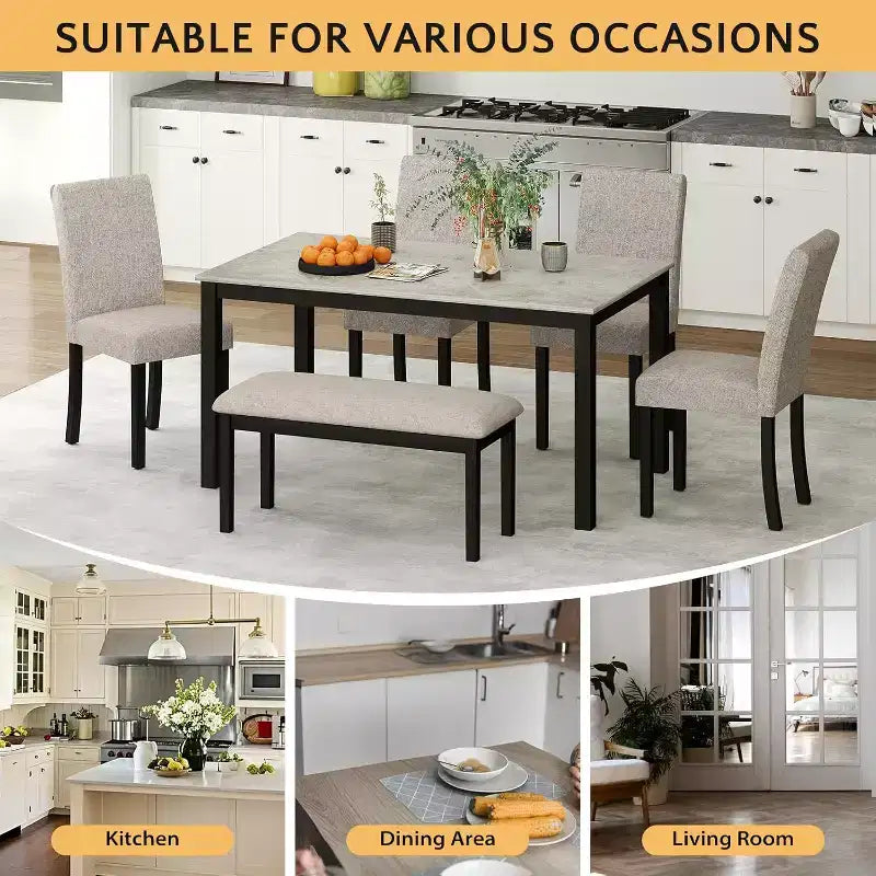 Ensemble de salle à manger Zevemomo 6 pièces en bois avec table, chaises rembourrées et banc pour salle à manger, cuisine, restaurant, noir