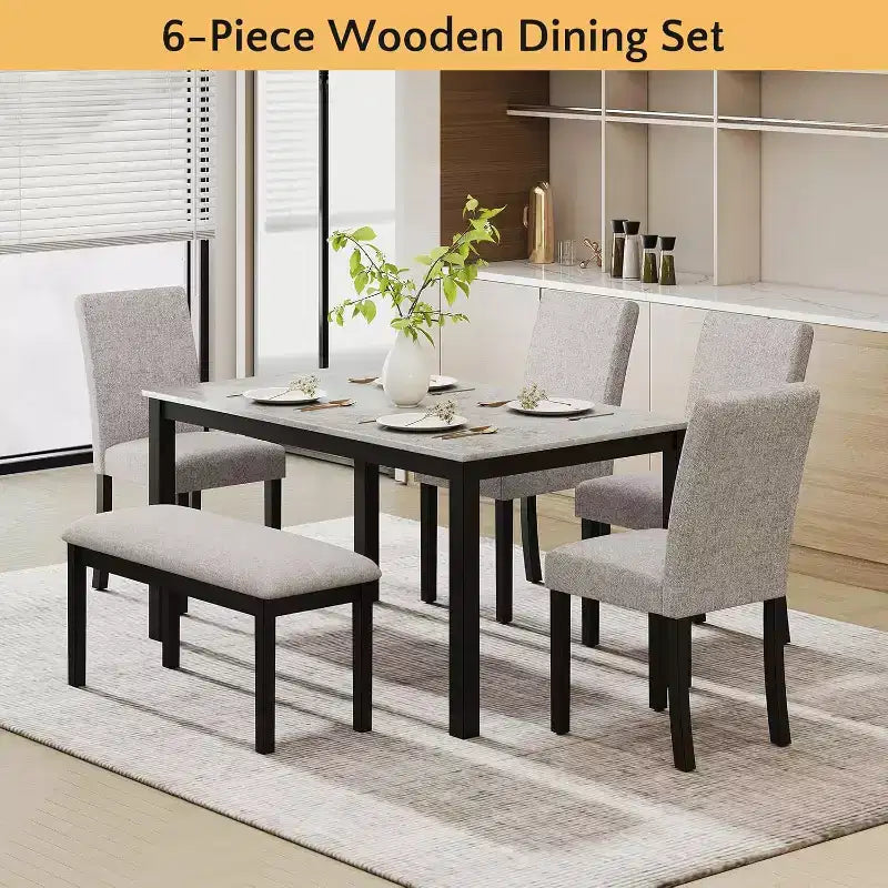 Ensemble de salle à manger Zevemomo 6 pièces en bois avec table, chaises rembourrées et banc pour salle à manger, cuisine, restaurant, noir