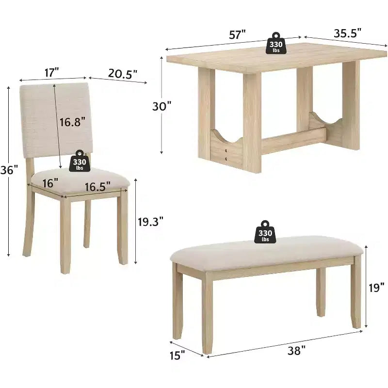 Zevemomo Ensemble de 6 pièces de salle à manger avec 4 chaises rembourrées et 1 banc, base en U, pour salle à manger, cuisine, restaurant, beige