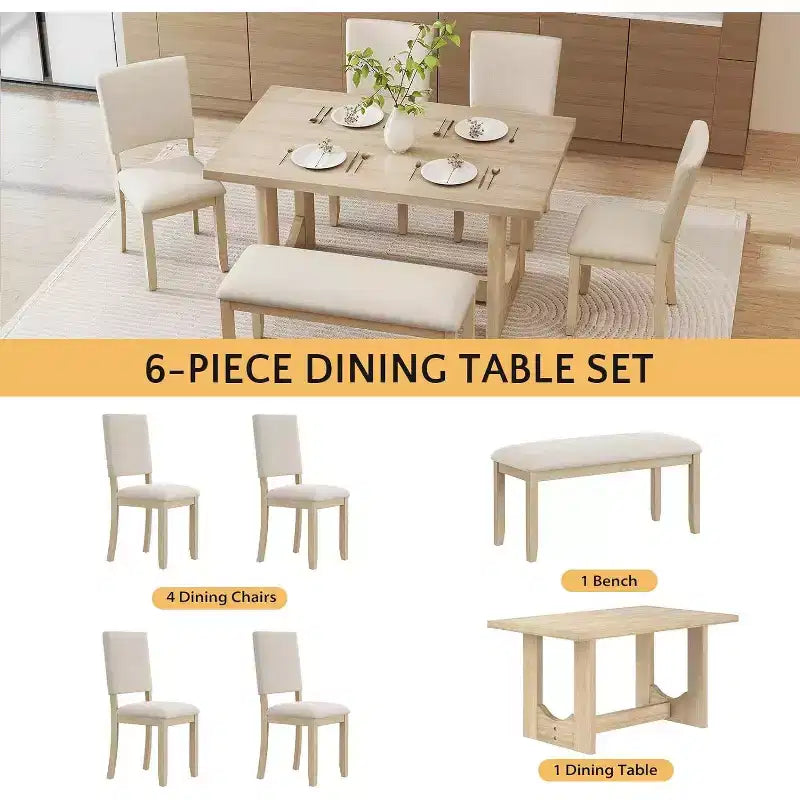 Zevemomo Ensemble de 6 pièces de salle à manger avec 4 chaises rembourrées et 1 banc, base en U, pour salle à manger, cuisine, restaurant, beige