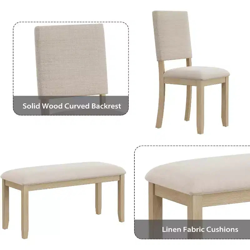 Zevemomo Ensemble de 6 pièces de salle à manger avec 4 chaises rembourrées et 1 banc, base en U, pour salle à manger, cuisine, restaurant, beige