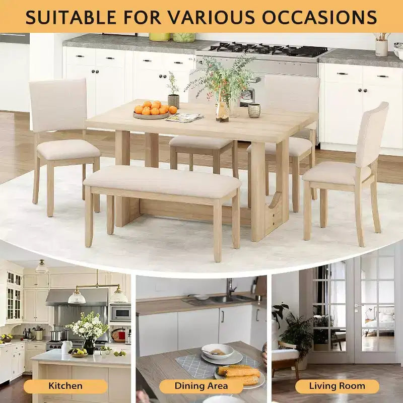 Zevemomo Ensemble de 6 pièces de salle à manger avec 4 chaises rembourrées et 1 banc, base en U, pour salle à manger, cuisine, restaurant, beige