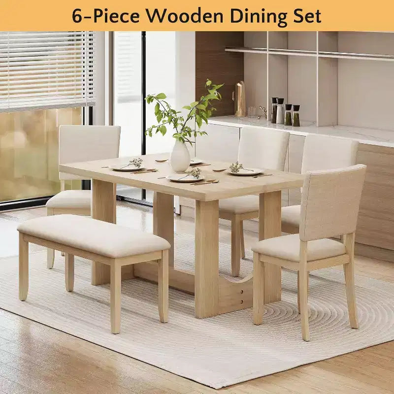 Zevemomo Ensemble de 6 pièces de salle à manger avec 4 chaises rembourrées et 1 banc, base en U, pour salle à manger, cuisine, restaurant, beige