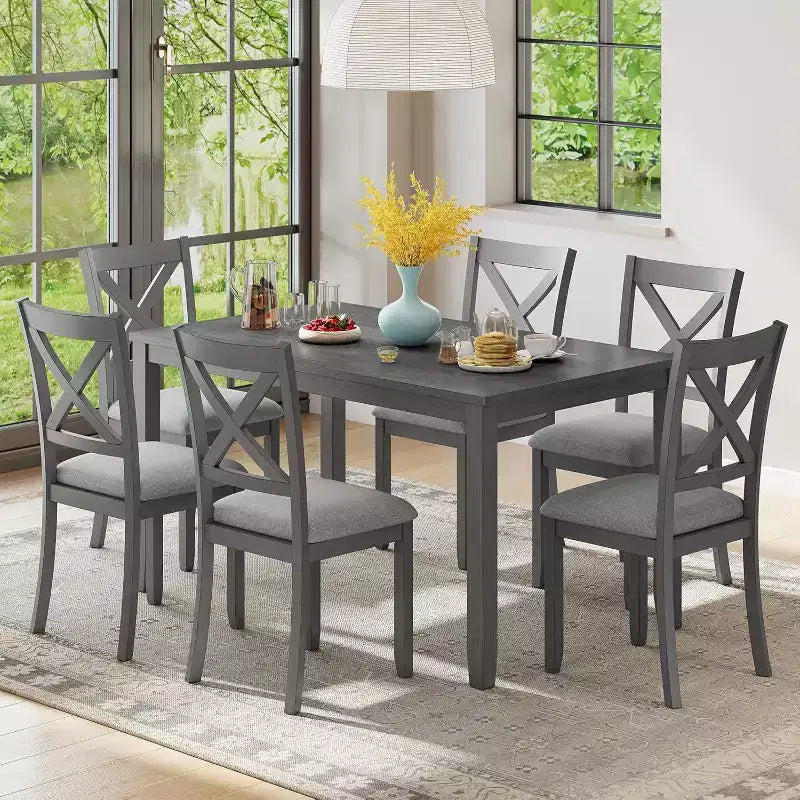 Zevemomo 7-Piece Dining Table Set with 6 Upholstered Chairs for Dining Room, Kitchen, Restaurant, Grey