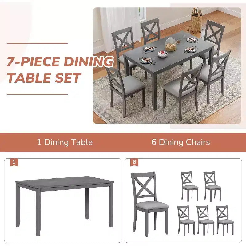 Ensemble de salle à manger 7 pièces Zevemomo avec 6 chaises rembourrées pour salle à manger, cuisine, restaurant, gris