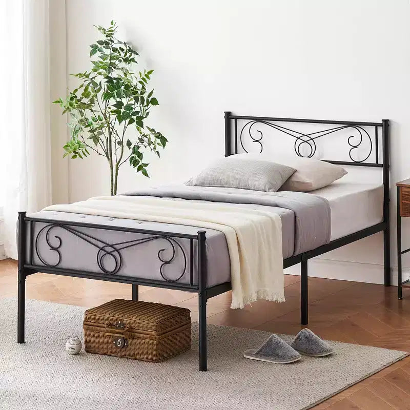 Cadre de lit en fer, taille double, avec tête de lit et pied de lit, pas besoin de sommier tapissier, espace de rangement sous le lit, support matelas, assemblage simple