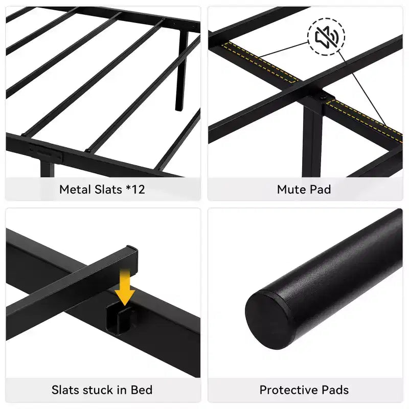 Cadre de lit en fer, taille double, avec tête de lit et pied de lit, pas besoin de sommier tapissier, espace de rangement sous le lit, support matelas, assemblage simple