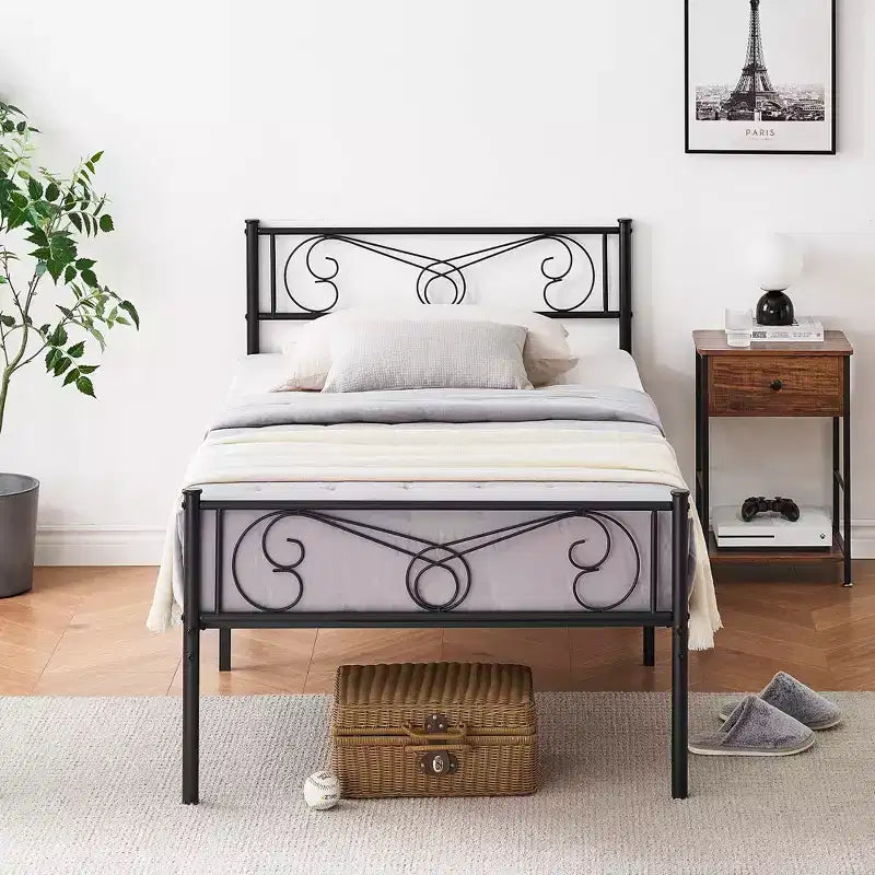 Cadre de lit en fer, taille double, avec tête de lit et pied de lit, pas besoin de sommier tapissier, espace de rangement sous le lit, support matelas, assemblage simple