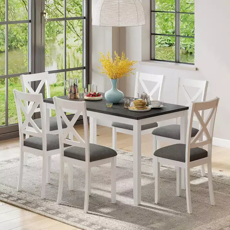 Zevemomo 7-Piece Dining Table Set with 6 Upholstered Chairs for Dining Room, Kitchen, Restaurant, White