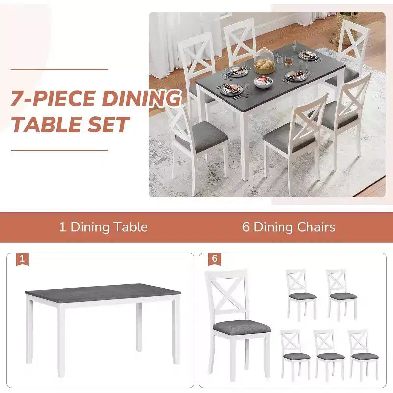 Ensemble table de salle à manger Zevemomo 7 pièces avec 6 chaises rembourrées pour salle à manger, cuisine, restaurant, blanc