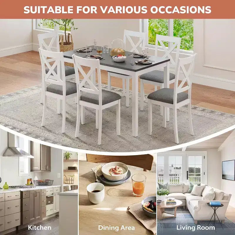 Ensemble table de salle à manger Zevemomo 7 pièces avec 6 chaises rembourrées pour salle à manger, cuisine, restaurant, blanc