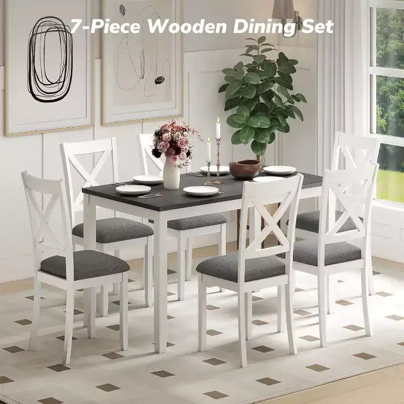 Ensemble table de salle à manger Zevemomo 7 pièces avec 6 chaises rembourrées pour salle à manger, cuisine, restaurant, blanc
