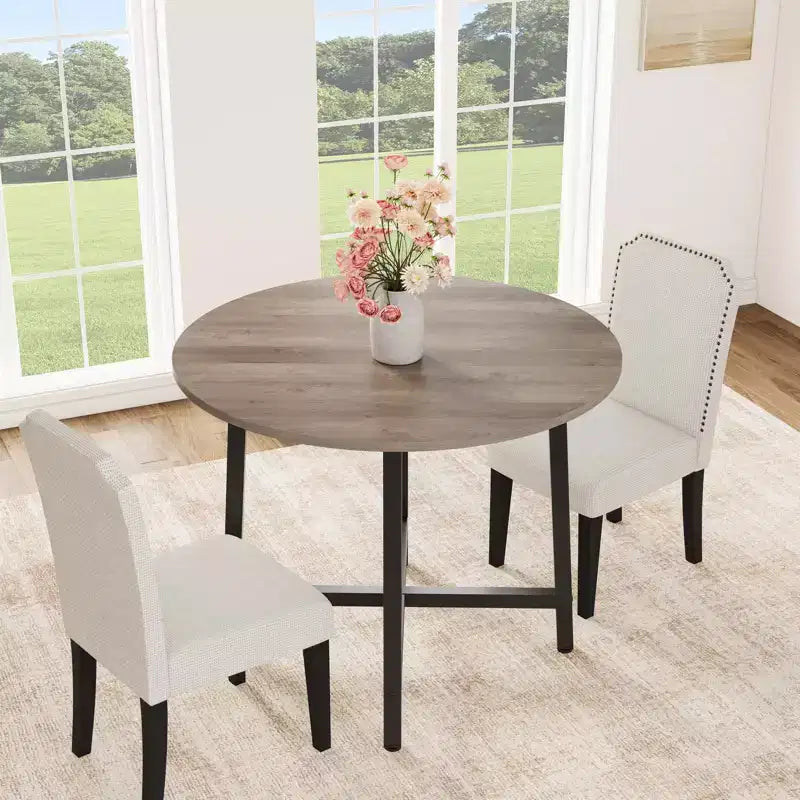 Table à manger ronde de 80 cm pour 2-4 personnes, Petite table de salle à manger/cuisine compacte, Table de cuisine ronde en bois avec cadre métallique robuste