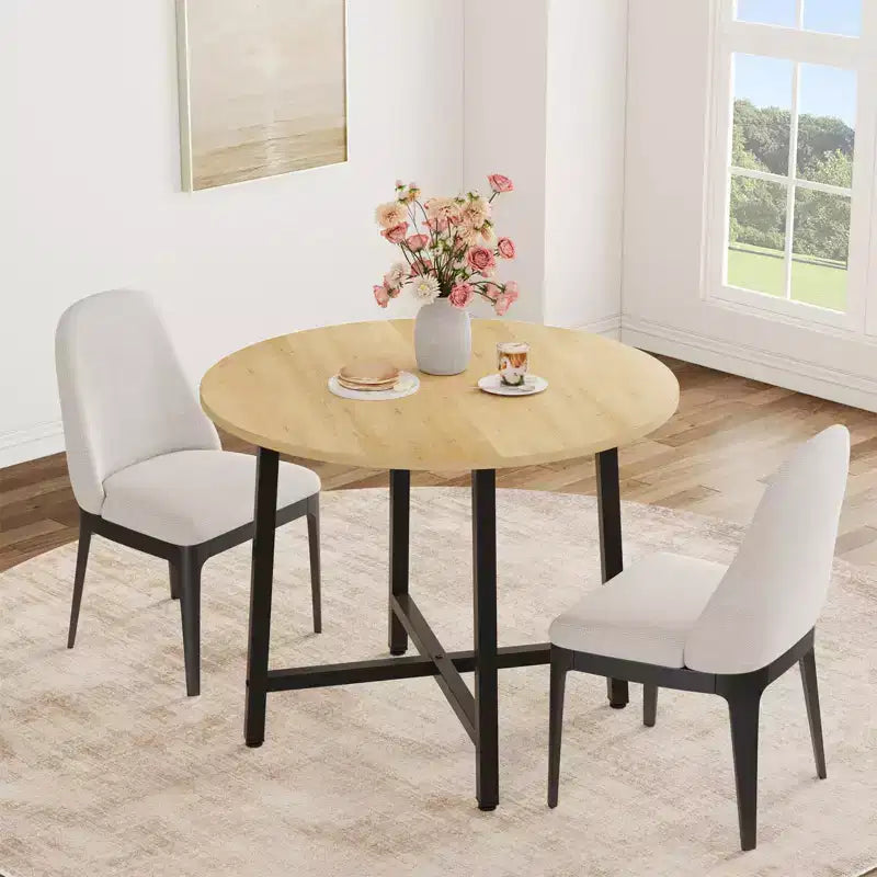 Table à manger ronde de 80 cm pour 2-4 personnes, Petite table de salle à manger/cuisine compacte, Table de cuisine ronde en bois avec cadre métallique robuste