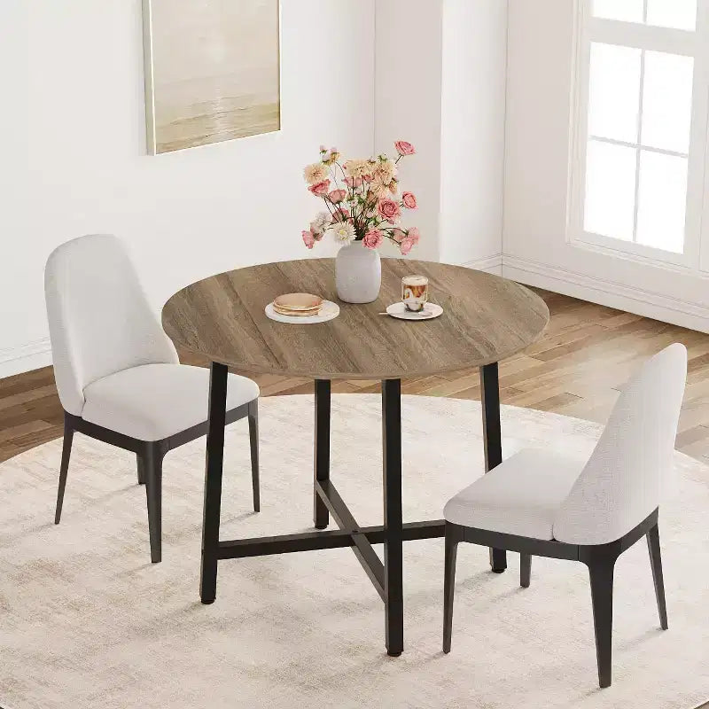 Table à manger ronde de 80 cm pour 2-4 personnes, Petite table de salle à manger/cuisine compacte, Table de cuisine ronde en bois avec cadre métallique robuste