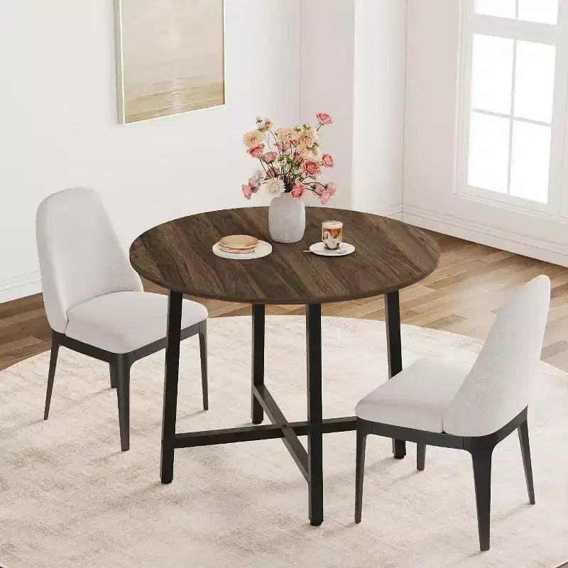 Table à manger ronde de 80 cm pour 2-4 personnes, Petite table de salle à manger/cuisine compacte, Table de cuisine ronde en bois avec cadre métallique robuste