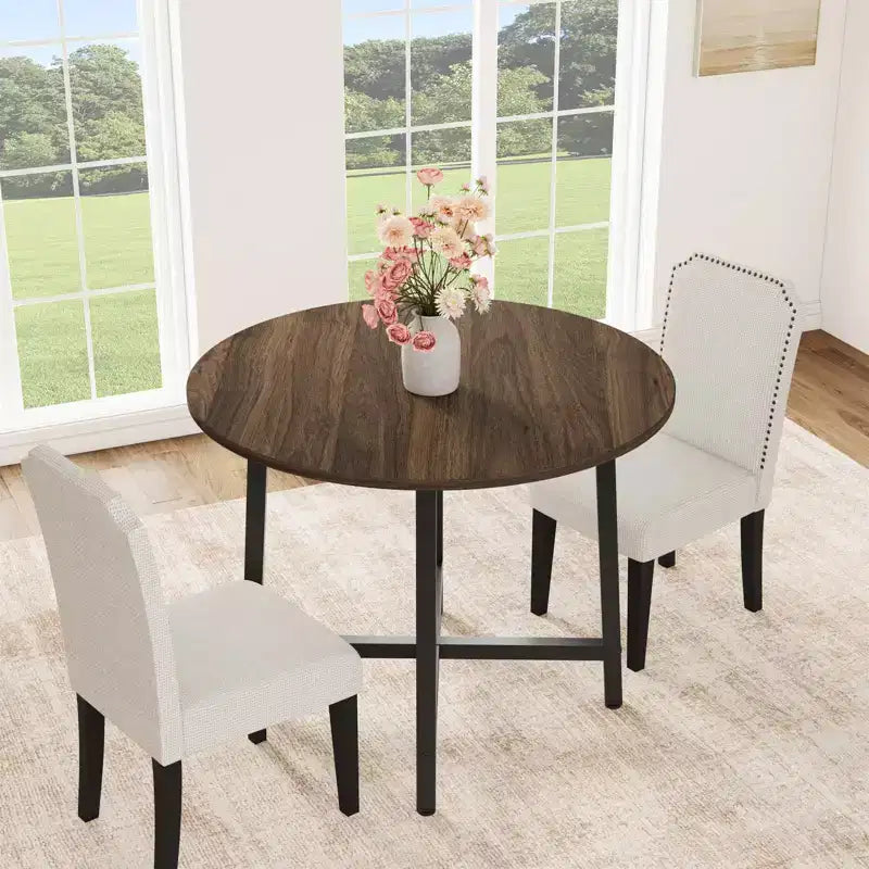 Table à manger ronde de 80 cm pour 2-4 personnes, Petite table de salle à manger/cuisine compacte, Table de cuisine ronde en bois avec cadre métallique robuste