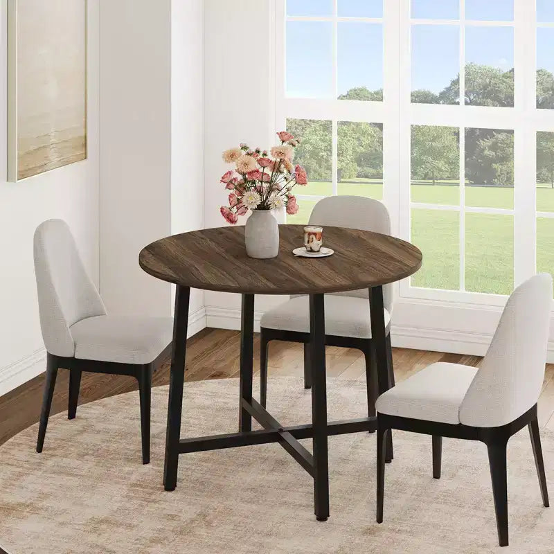 Table à manger ronde de 80 cm pour 2-4 personnes, Petite table de salle à manger/cuisine compacte, Table de cuisine ronde en bois avec cadre métallique robuste