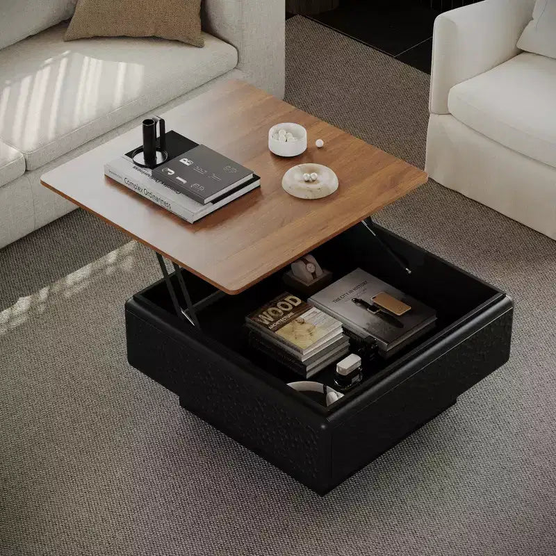 Table basse carrée GDFStudio Adel moderne en bois avec plateau relevable et rangement caché