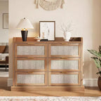 Garvee Farmhouse 6 Drawer Dresser, Rattan Chest of Drawers with Storage,Large Dresser Chest of Drawers with Gold Handle,Natural Oak