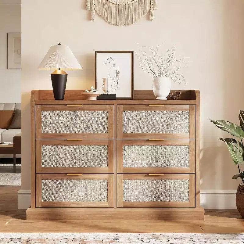 Garvee Farmhouse 6 Drawer Dresser, Rattan Chest of Drawers with Storage,Large Dresser Chest of Drawers with Gold Handle,Natural Oak