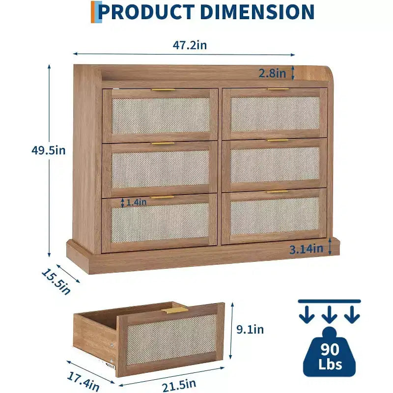 Commode de Ferme Garvee à 6 Tiroirs, Commode en Rotin avec Rangement, Grande Commode à Tiroirs avec Poignée Dorée, Chêne Naturel