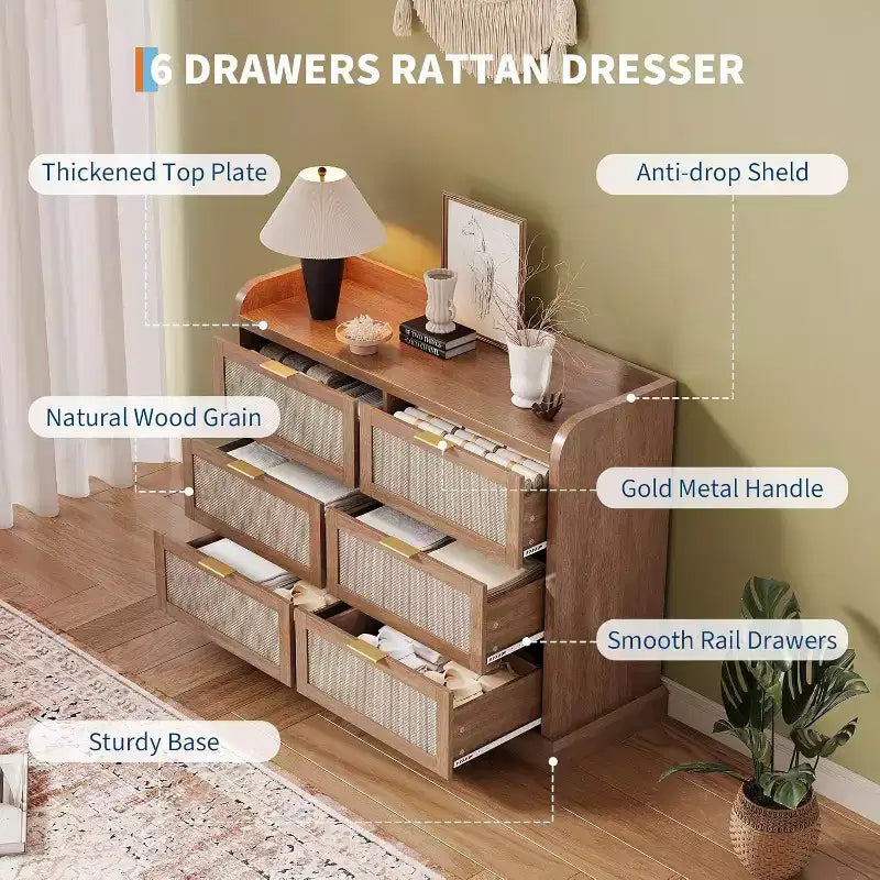 Commode de Ferme Garvee à 6 Tiroirs, Commode en Rotin avec Rangement, Grande Commode à Tiroirs avec Poignée Dorée, Chêne Naturel
