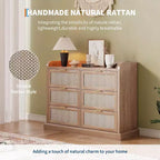 Commode de Ferme Garvee à 6 Tiroirs, Commode en Rotin avec Rangement, Grande Commode à Tiroirs avec Poignée Dorée, Chêne Naturel