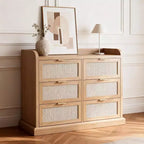 Commode de Ferme Garvee à 6 Tiroirs, Commode en Rotin avec Rangement, Grande Commode à Tiroirs avec Poignée Dorée, Chêne Naturel