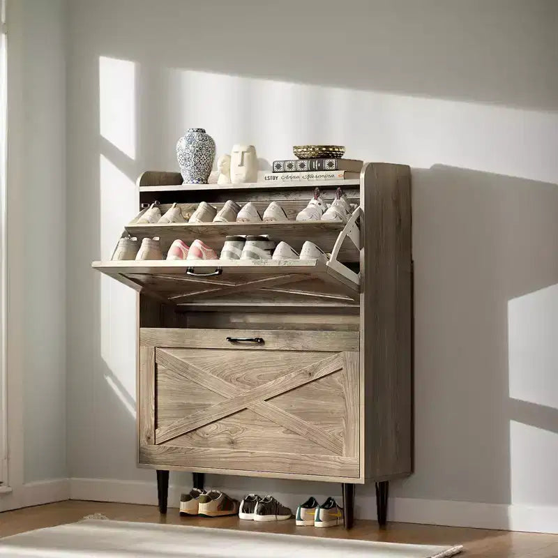 Karl Home 2 Flip 1 Barrier Barn Door Shoe Cabinet Melamine Embossed 31.6In Gray Oak