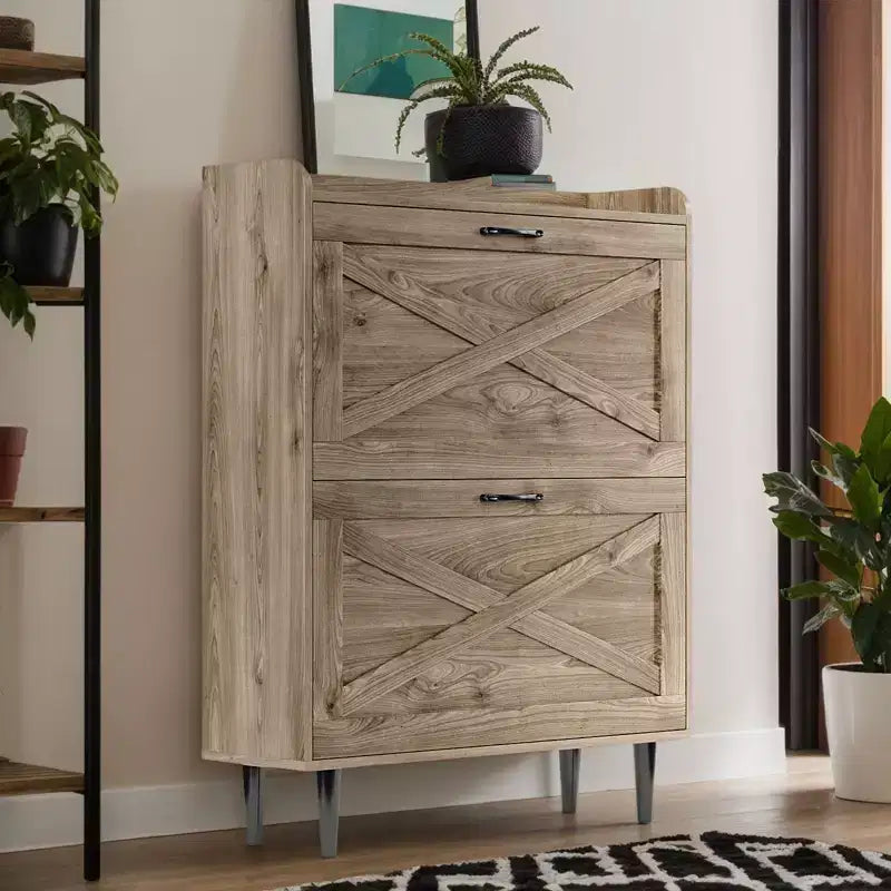 Karl Home 2 Flip 1 Barrière Grange Porte Chaussures Meuble Mélamine Embossé 31.6In Chêne Gris