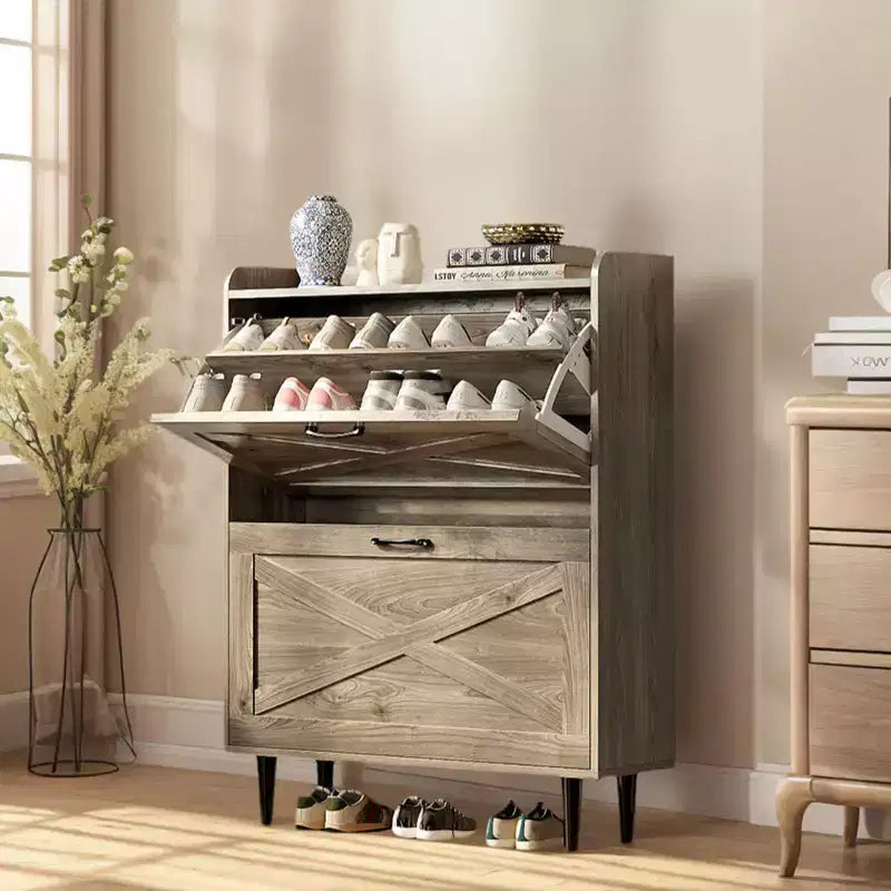 Karl Home 2 Flip 1 Barrière Grange Porte Chaussures Meuble Mélamine Embossé 31.6In Chêne Gris