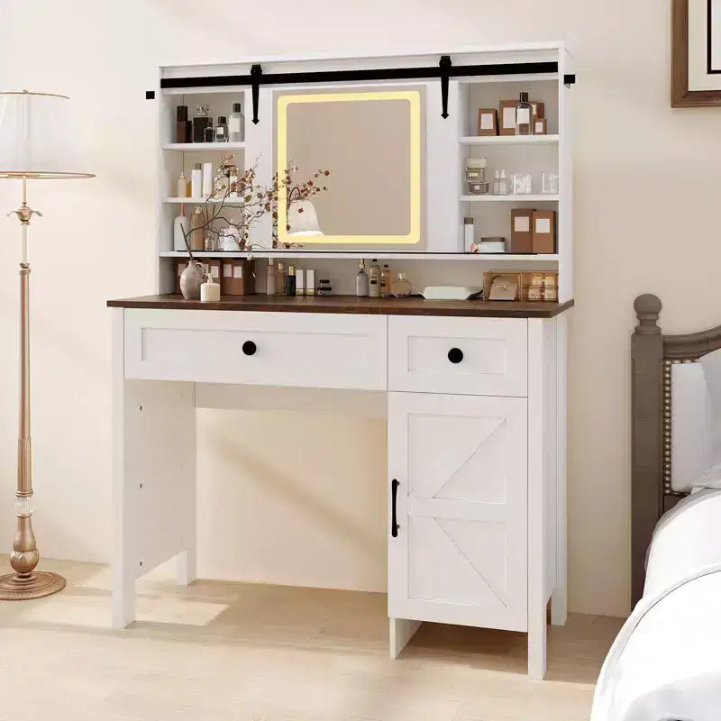 Vanity Desk with Mirror, Makeup Table with 3 Drawers and Storage Stool, Dressing Table with Cabinet for Bedroom