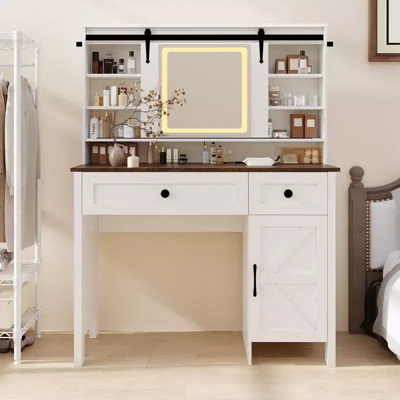 Coiffeuse avec miroir, table de maquillage avec 3 tiroirs et tabouret de rangement, commode avec meuble pour chambre à coucher