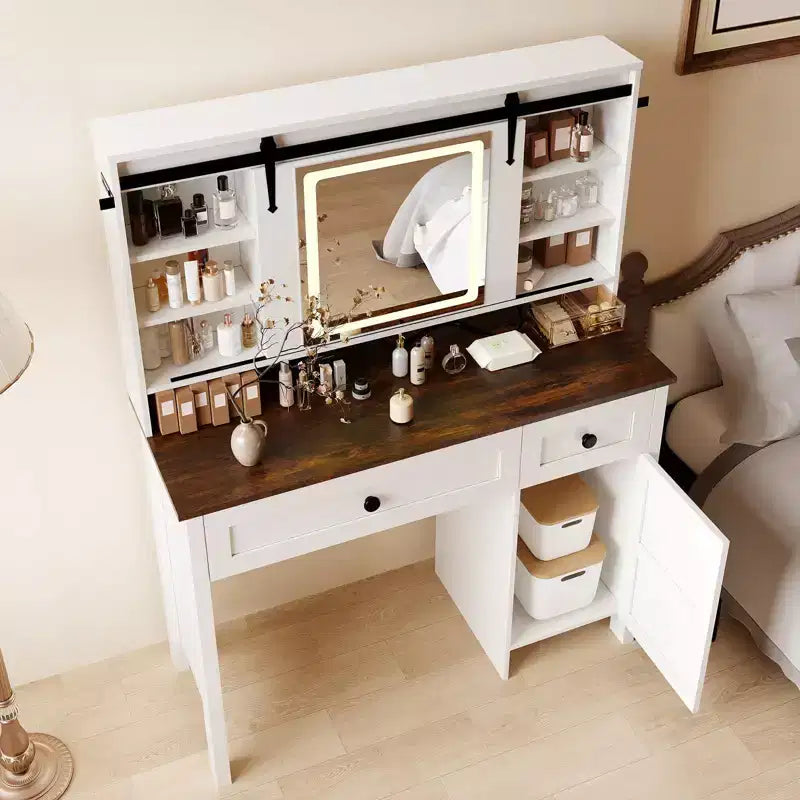 Coiffeuse avec miroir, table de maquillage avec 3 tiroirs et tabouret de rangement, commode avec meuble pour chambre à coucher