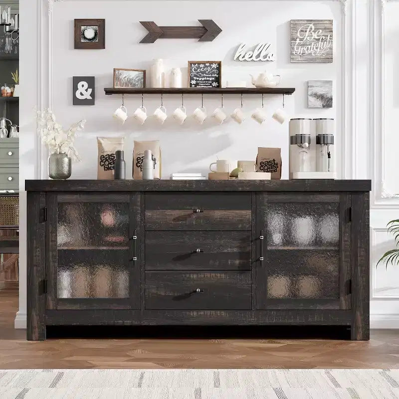 Buffet de cuisine 138 cm, Meuble de bar à café avec 2 portes vitrées et 3 tiroirs, Meuble de rangement d'appoint et Meuble TV, pour salon, salle à manger