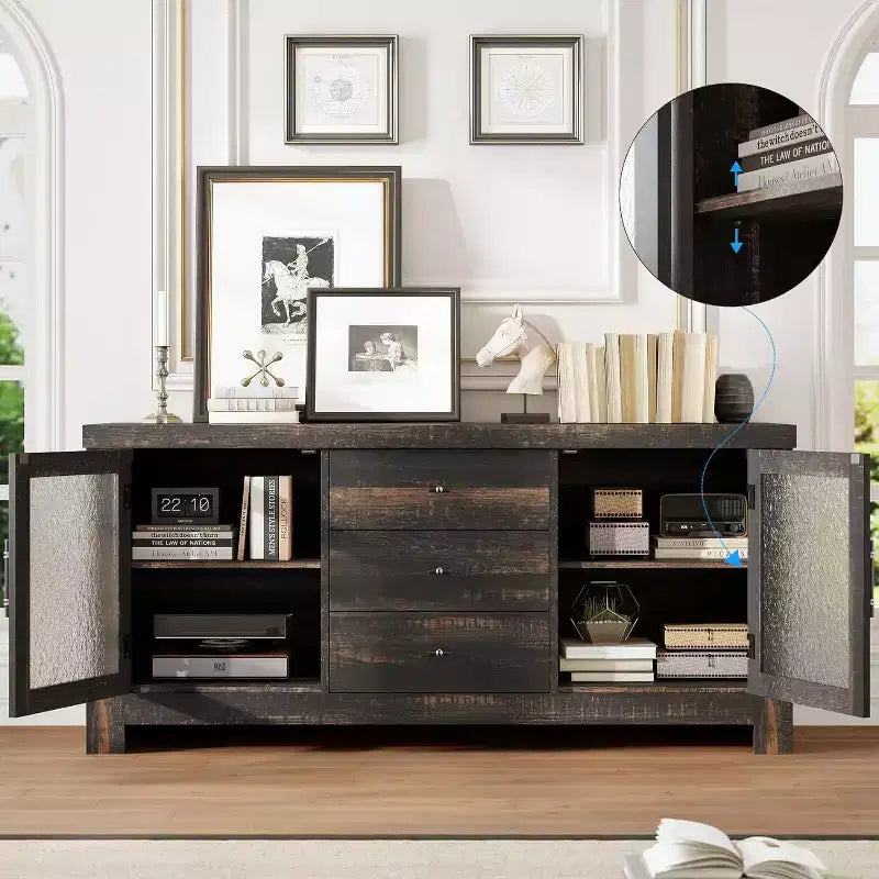 Buffet de cuisine 138 cm, Meuble de bar à café avec 2 portes vitrées et 3 tiroirs, Meuble de rangement d'appoint et Meuble TV, pour salon, salle à manger