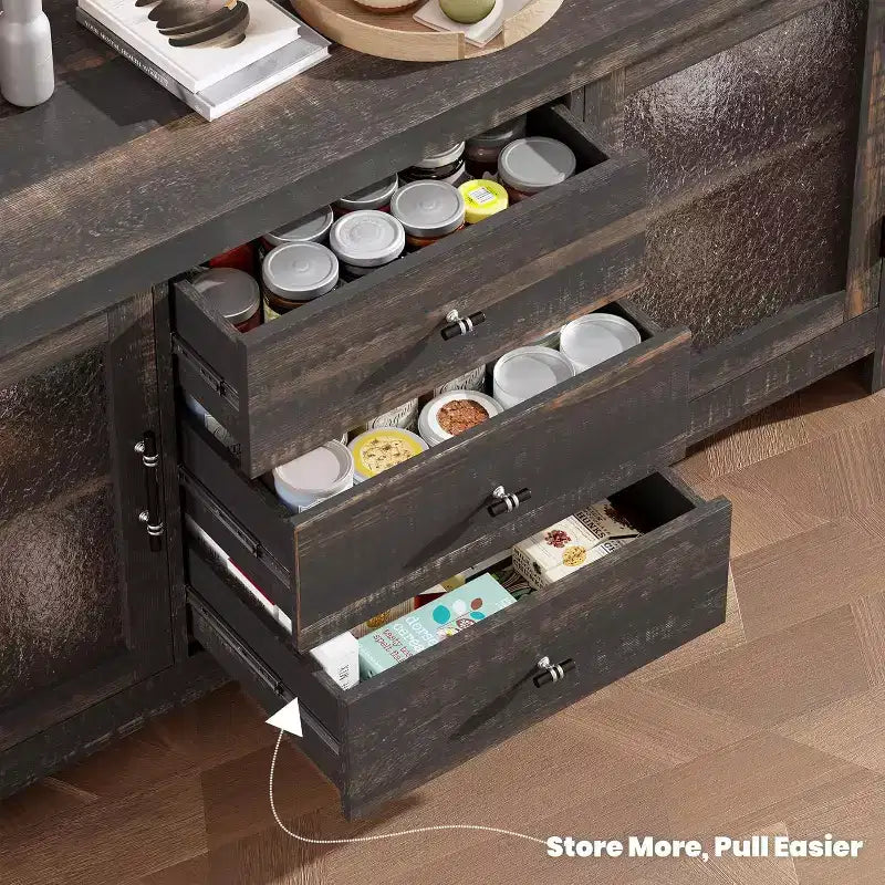 Buffet de cuisine 138 cm, Meuble de bar à café avec 2 portes vitrées et 3 tiroirs, Meuble de rangement d'appoint et Meuble TV, pour salon, salle à manger
