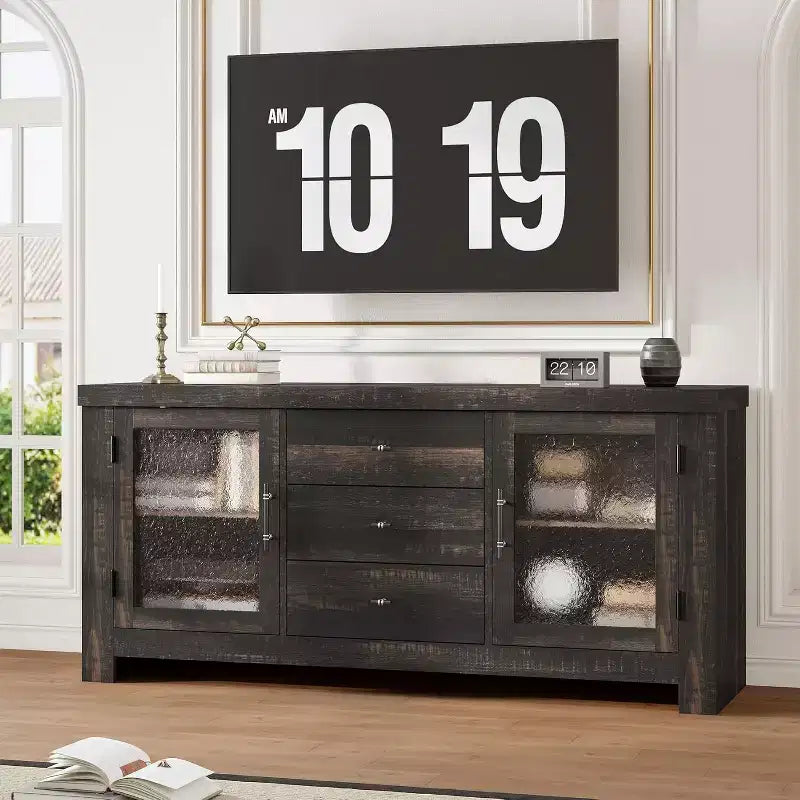 Buffet de cuisine 138 cm, Meuble de bar à café avec 2 portes vitrées et 3 tiroirs, Meuble de rangement d'appoint et Meuble TV, pour salon, salle à manger