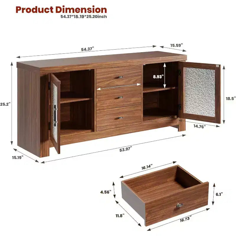 Buffet de cuisine 138 cm, Meuble de bar à café avec 2 portes vitrées et 3 tiroirs, Meuble de rangement d'appoint et Meuble TV, pour salon, salle à manger
