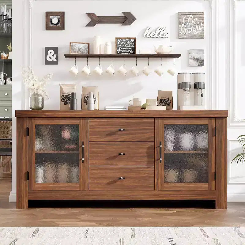 Buffet de cuisine 138 cm, Meuble de bar à café avec 2 portes vitrées et 3 tiroirs, Meuble de rangement d'appoint et Meuble TV, pour salon, salle à manger