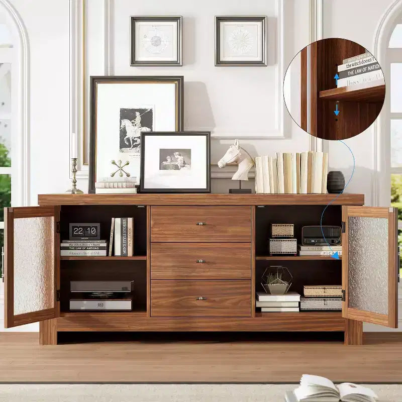 Buffet de cuisine 138 cm, Meuble de bar à café avec 2 portes vitrées et 3 tiroirs, Meuble de rangement d'appoint et Meuble TV, pour salon, salle à manger